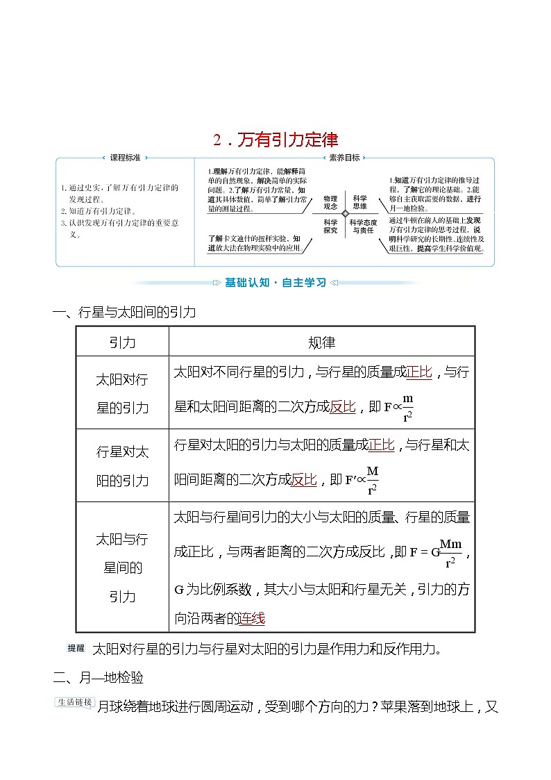 人教版 高一物理必修二 第七章 2.万有引力定律（教师版）学案01