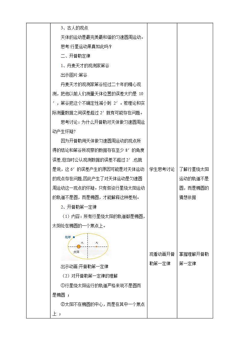 人教版高中物理必修第二册：第7章第1节《行星的运动》教学设计第3页