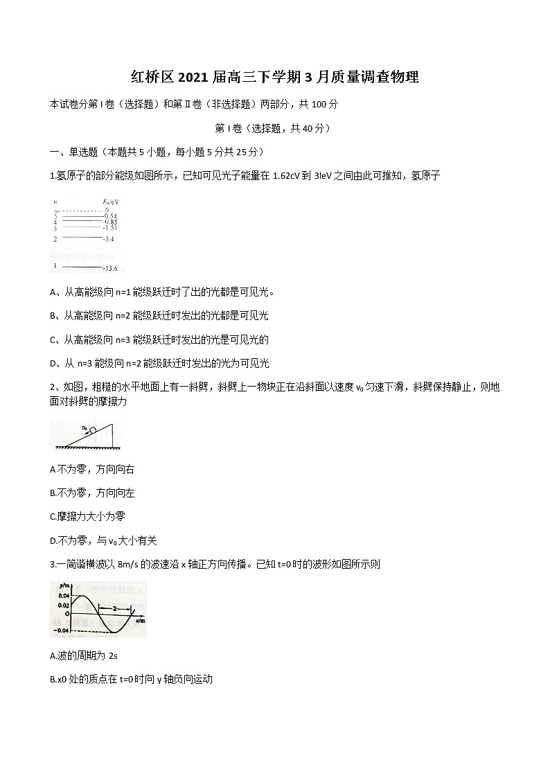 天津市红桥区2021届高三下学期3月质量调查（一模）物理试题 Word版含答案第1页