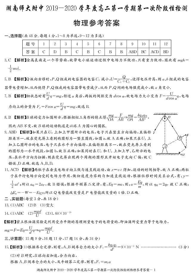 湖南师大附中2019-2020学年度高二第一学期第一次阶段性检测答案--物理第1页