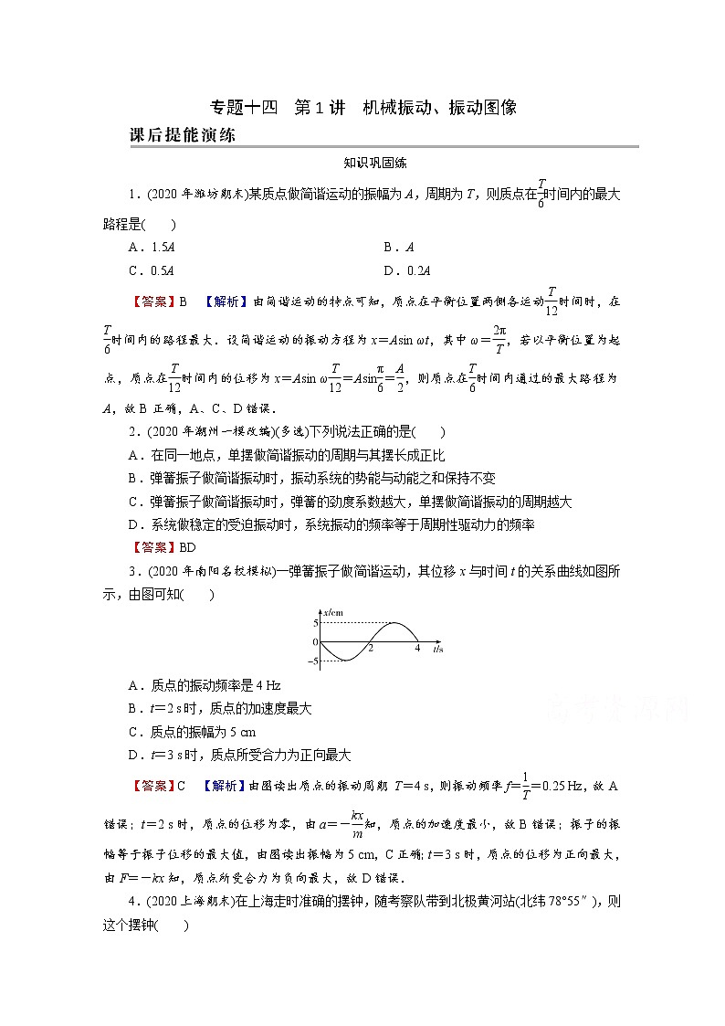2022版高考物理一轮复习演练：专题14 第1讲 机械振动、振动图像第1页