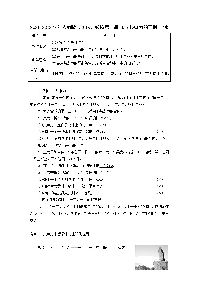2021-2022学年高中物理新人教版必修第一册 3.5共点力的平衡 学案01