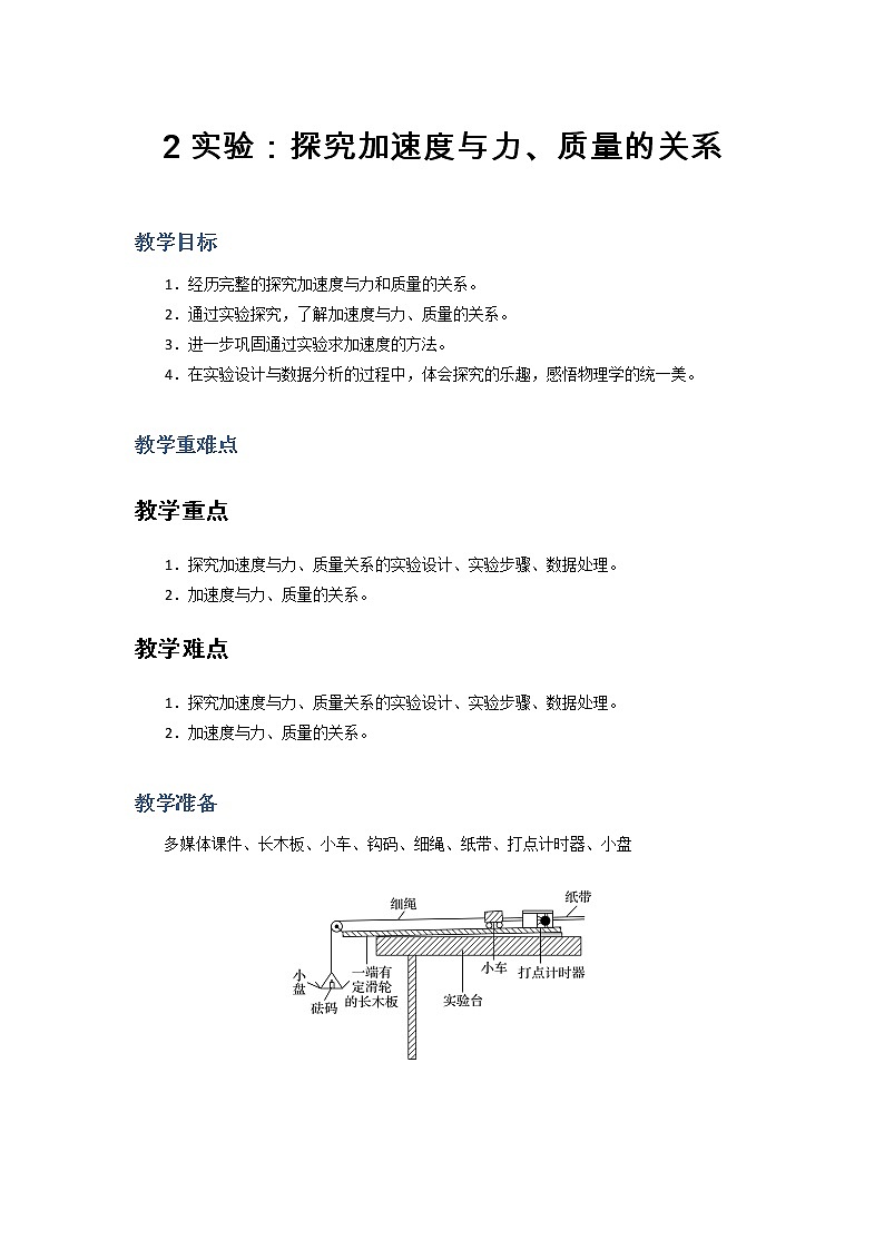 2021-2022学年高中物理新人教版必修第一册 4.2  实验：探究加速度与力、质量的关系  教案第1页