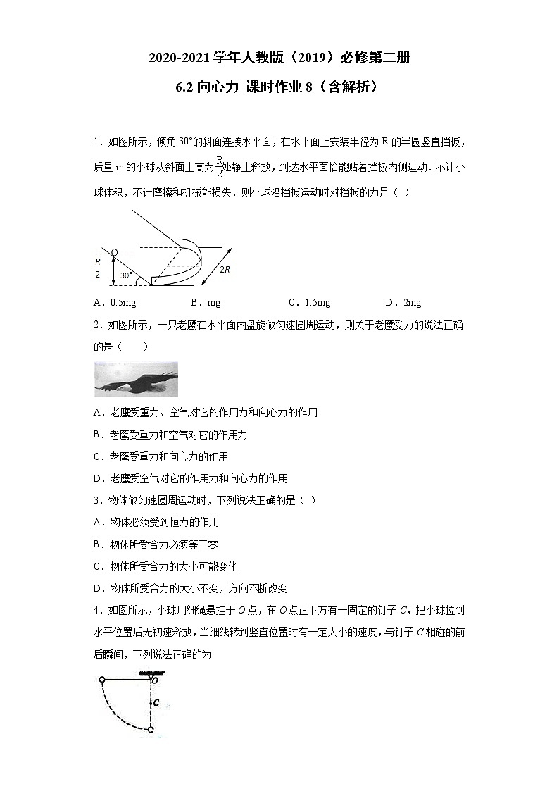 2020-2021高中物理新人教版必修第二册 6.2向心力 课时作业8（含解析） 练习01