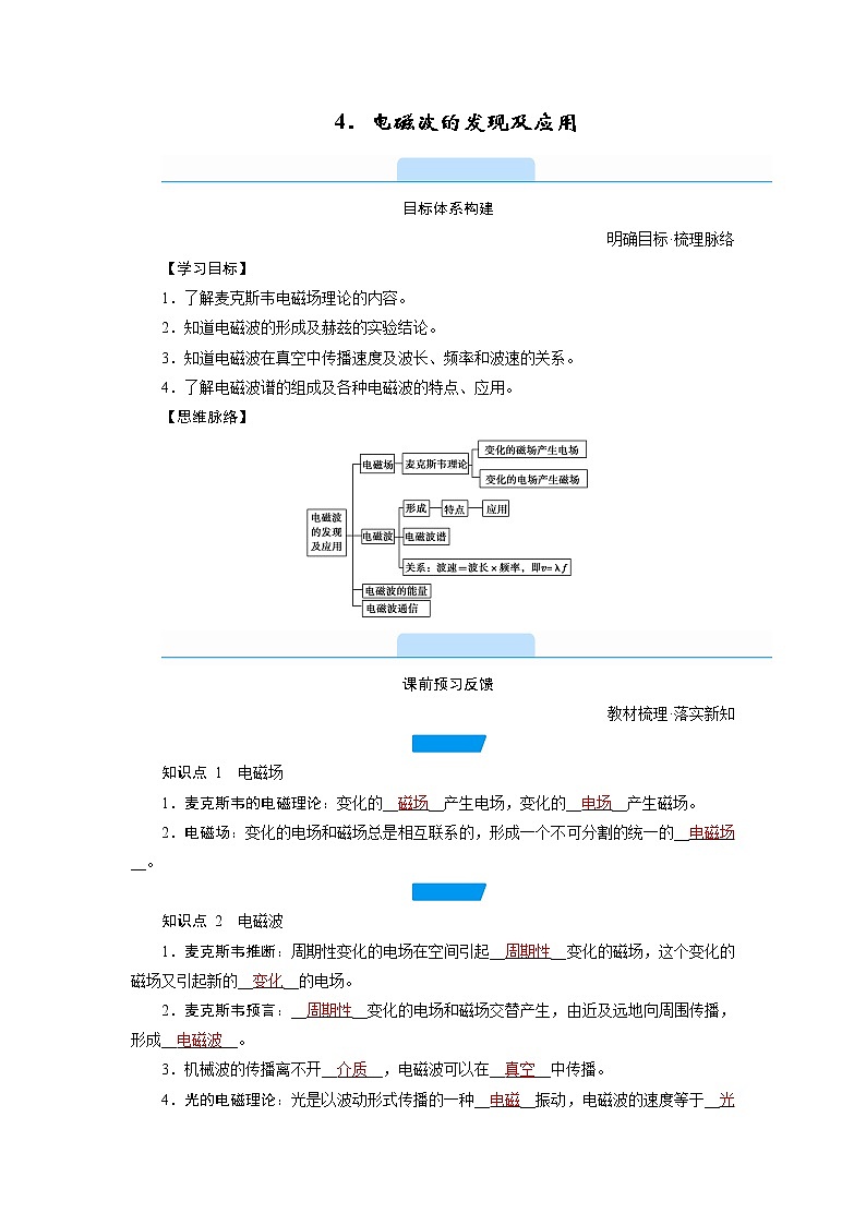 2020-2021学年高中物理新人教版必修第三册  第十三章 4.电磁波的发现及应用 学案01