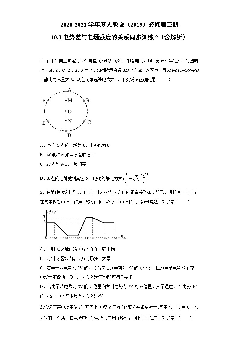 2020-2021学年高中物理新人教版必修第三册  10.3电势差与电场强度的关系 同步训练2（含解析）第1页