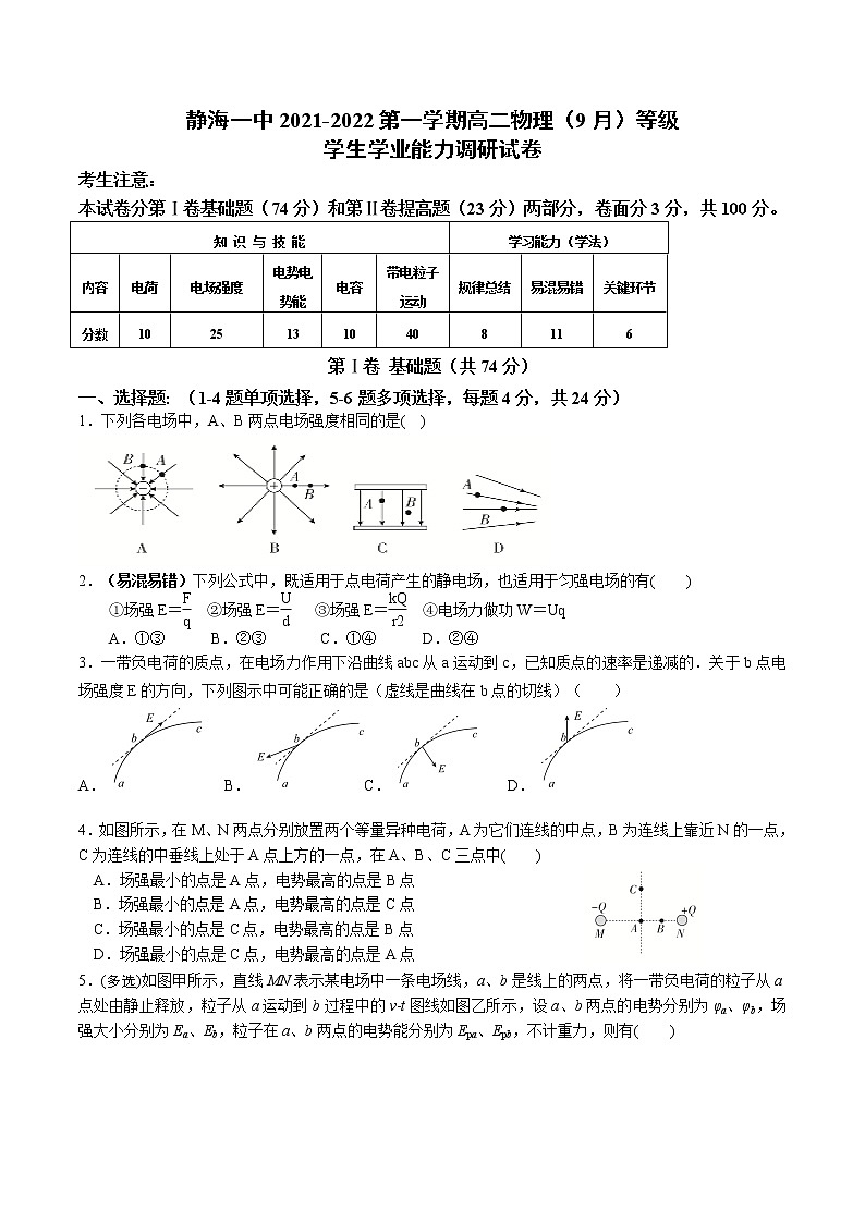 2021-2022学年天津市静海区第一中学高二上学期（9月）学生学业能力调研（等级班）物理试题 Word版01