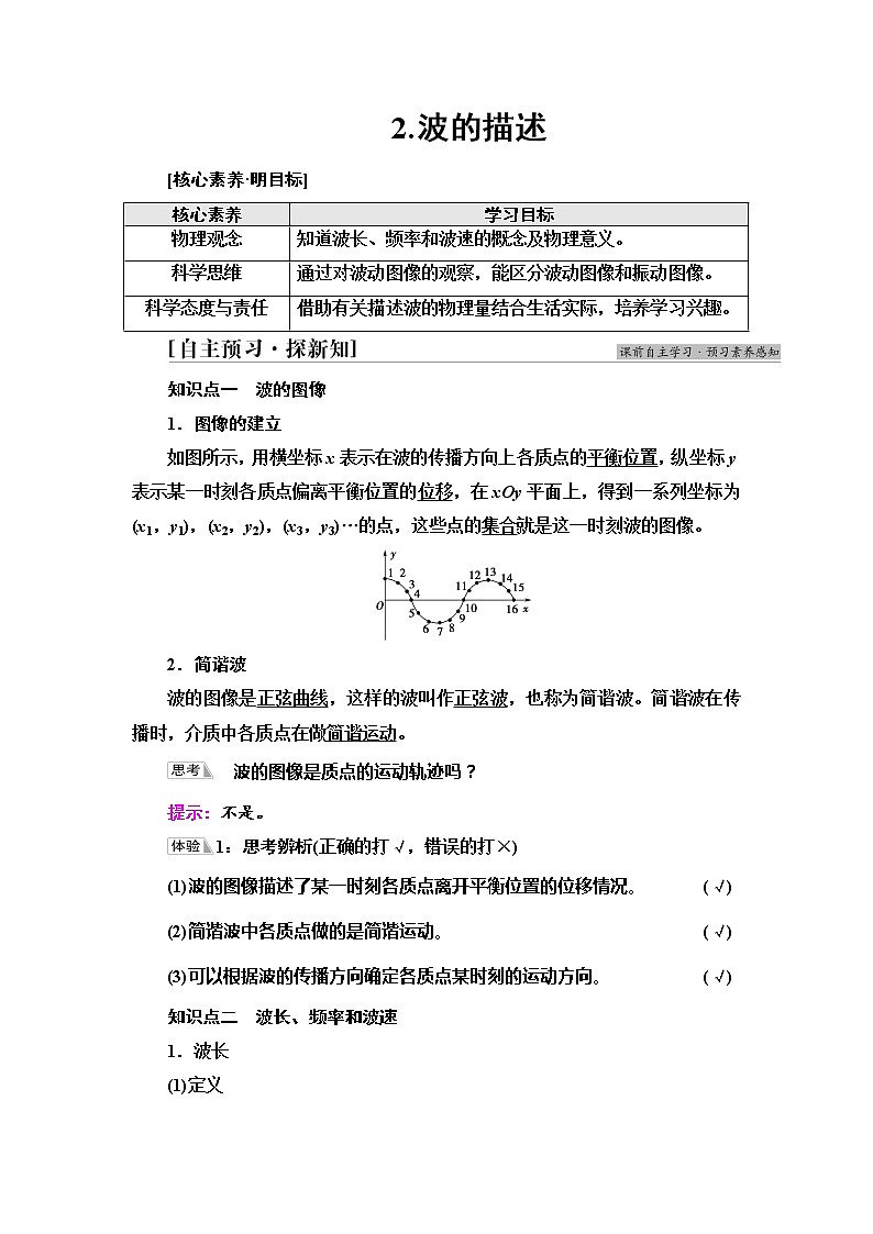 2021年高中物理新人教版选择性必修第一册 第3章 2．波的描述 学案第1页