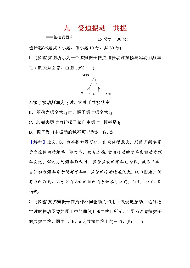 2021年高中物理新人教版选择性必修第一册 2.6 受迫振动　共振 作业 练习01
