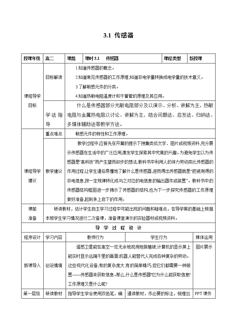 2020-2021学年高中物理新人教版选择性必修第二册 第5章 1 认识传感器 教案01