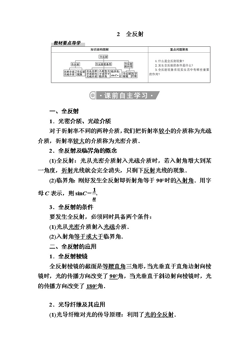 2020-2021学年高中物理新人教版选择性必修第一册 4.2　全反射 学案01