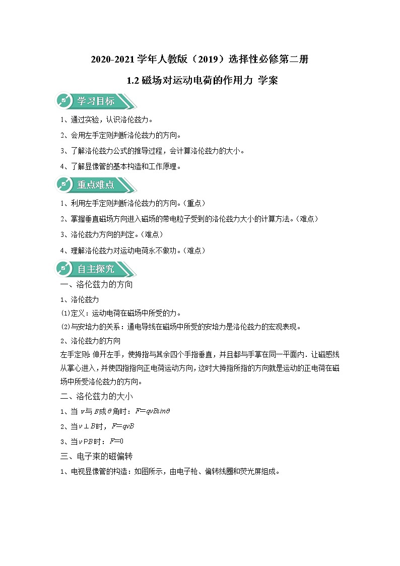 2020-2021学年高中物理新人教版选择性必修第二册 1.2磁场对运动电荷的作用力 学案01