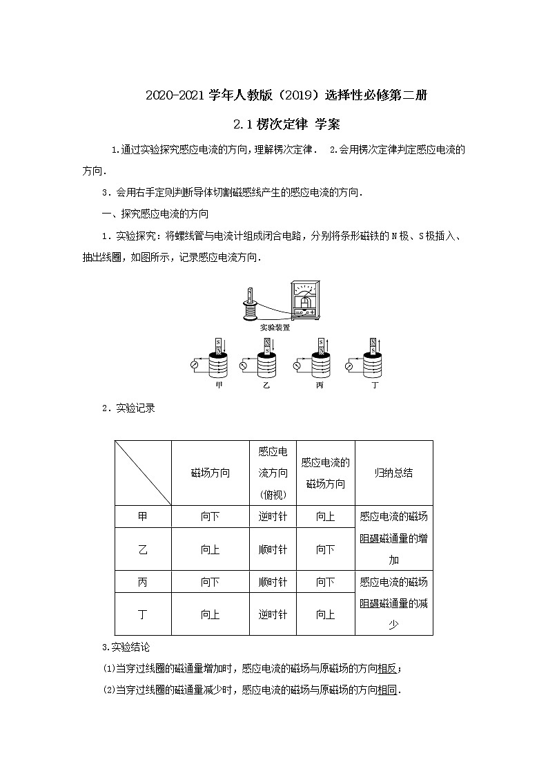 2020-2021学年高中物理新人教版选择性必修第二册 2.1 楞次定律 学案01