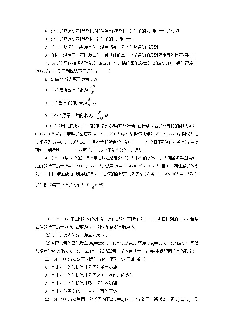 2020-2021学年高中物理新人教版 选择性必修第三册：第1章分子动理论 章末综合测评第2页