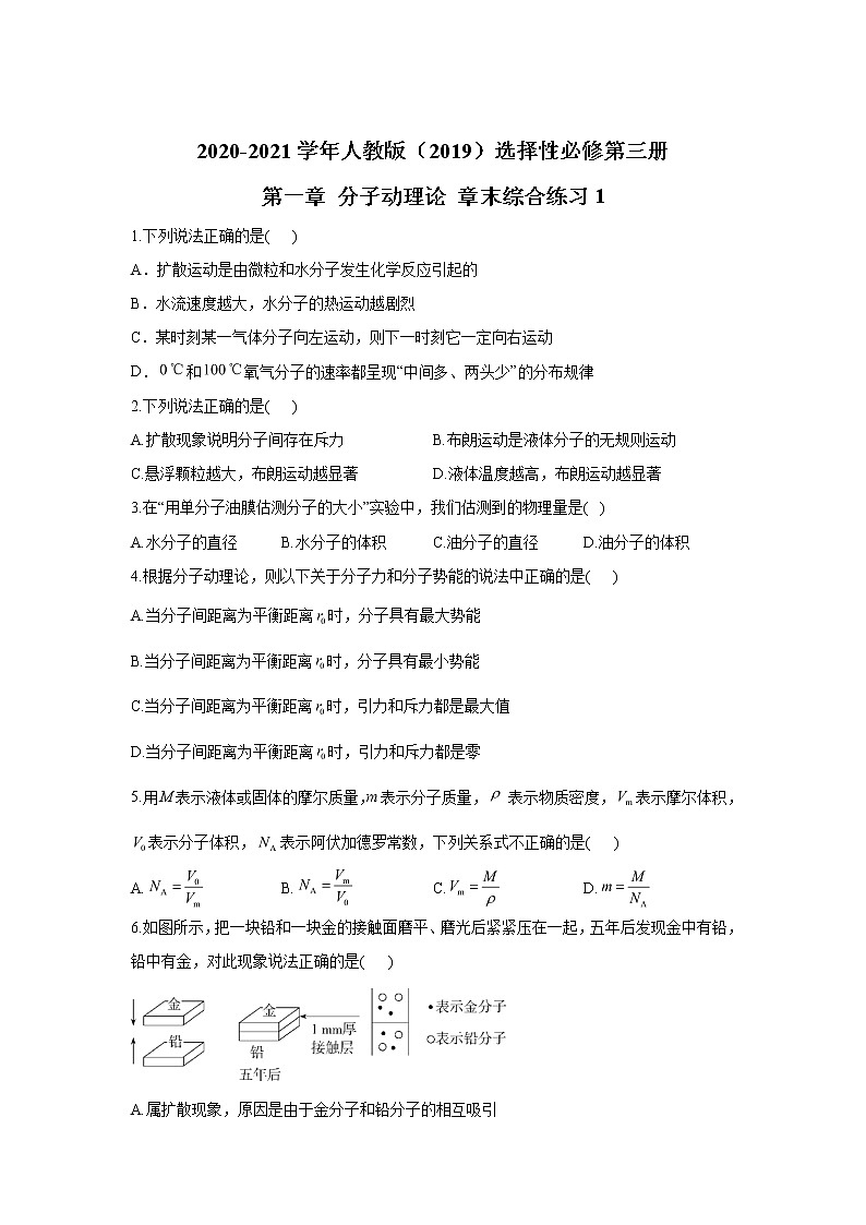 2020-2021学年高中物理新人教版 选择性必修第三册 第一章 分子动理论 章末综合练习1第1页