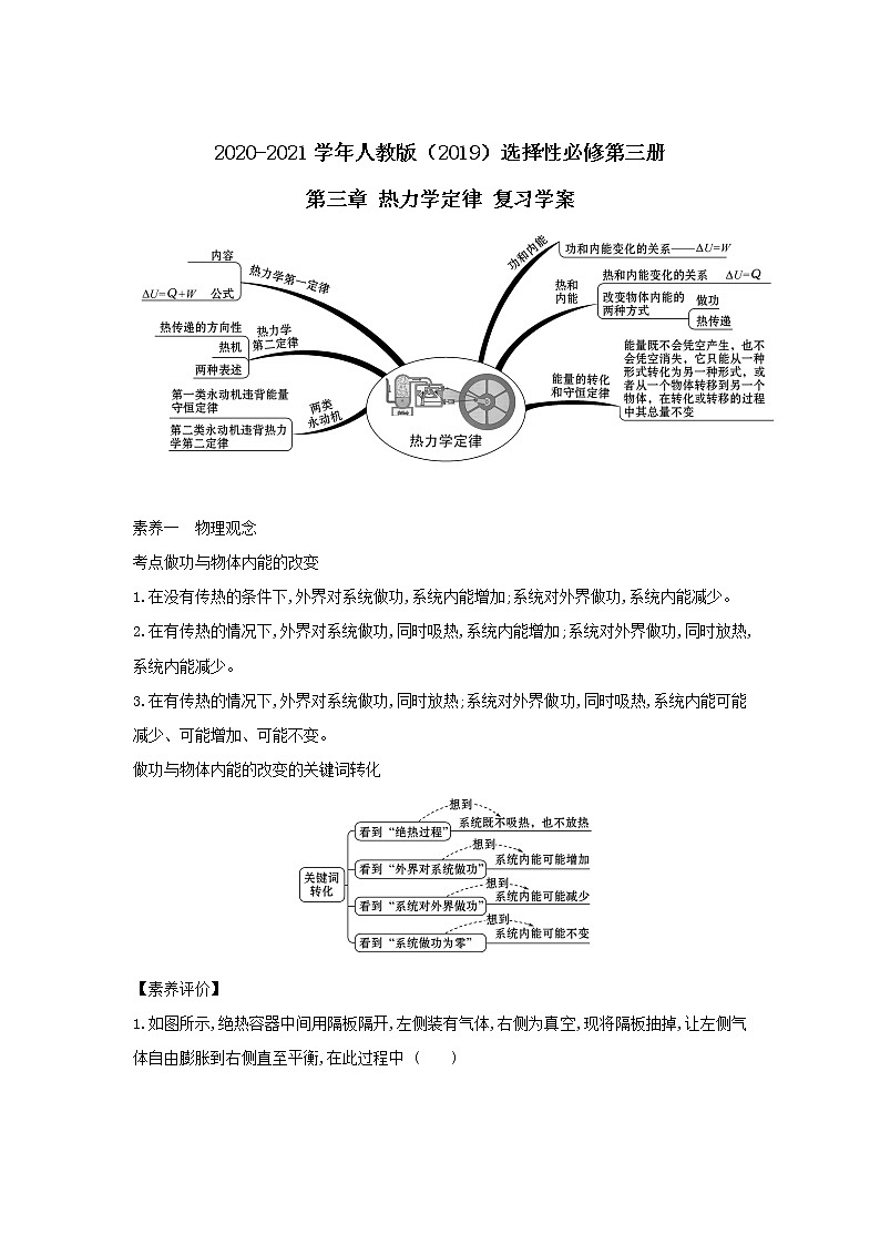 2020-2021学年高中物理新人教版 选择性必修第三册 第三章 热力学定律 复习学案01