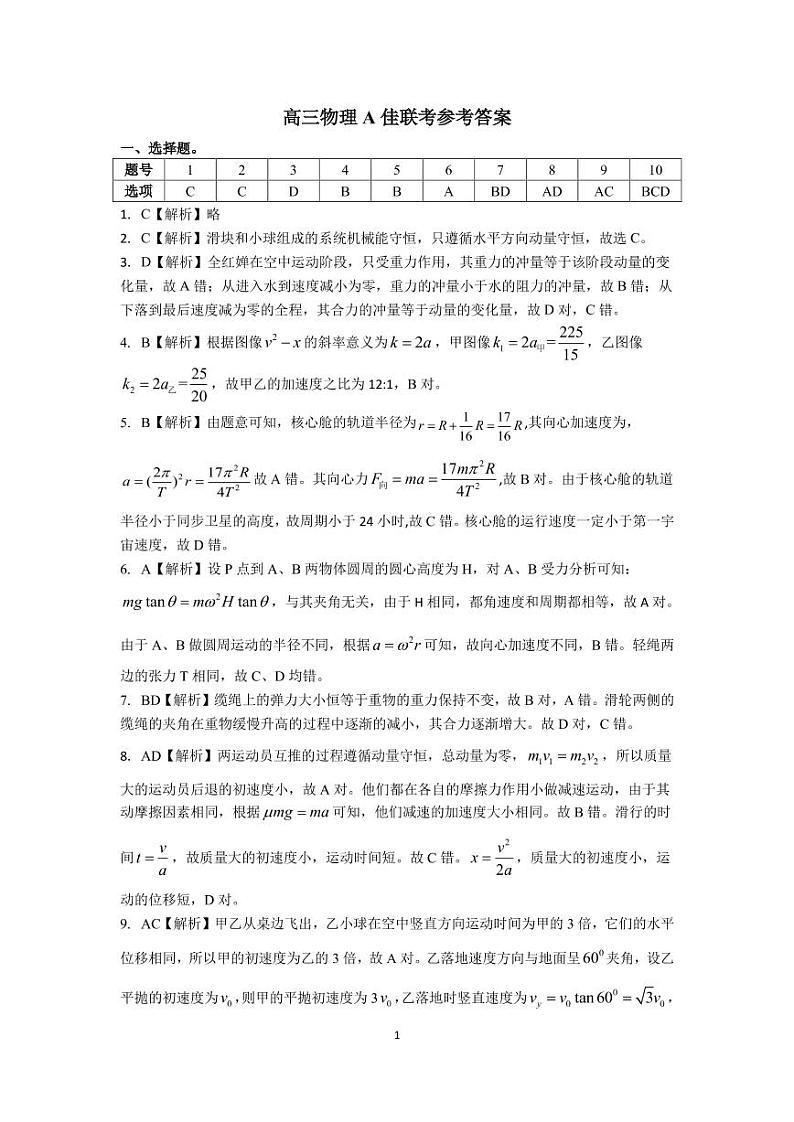 高三物理 参考答案第1页