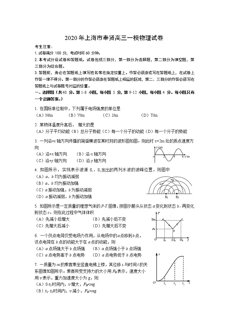 2020年上海市奉贤高三一模物理试卷及答案第1页