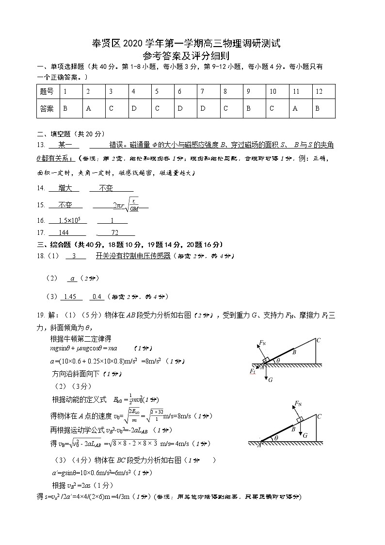 奉贤区2020年12月（高三物理）答案及评分细则（定）第1页
