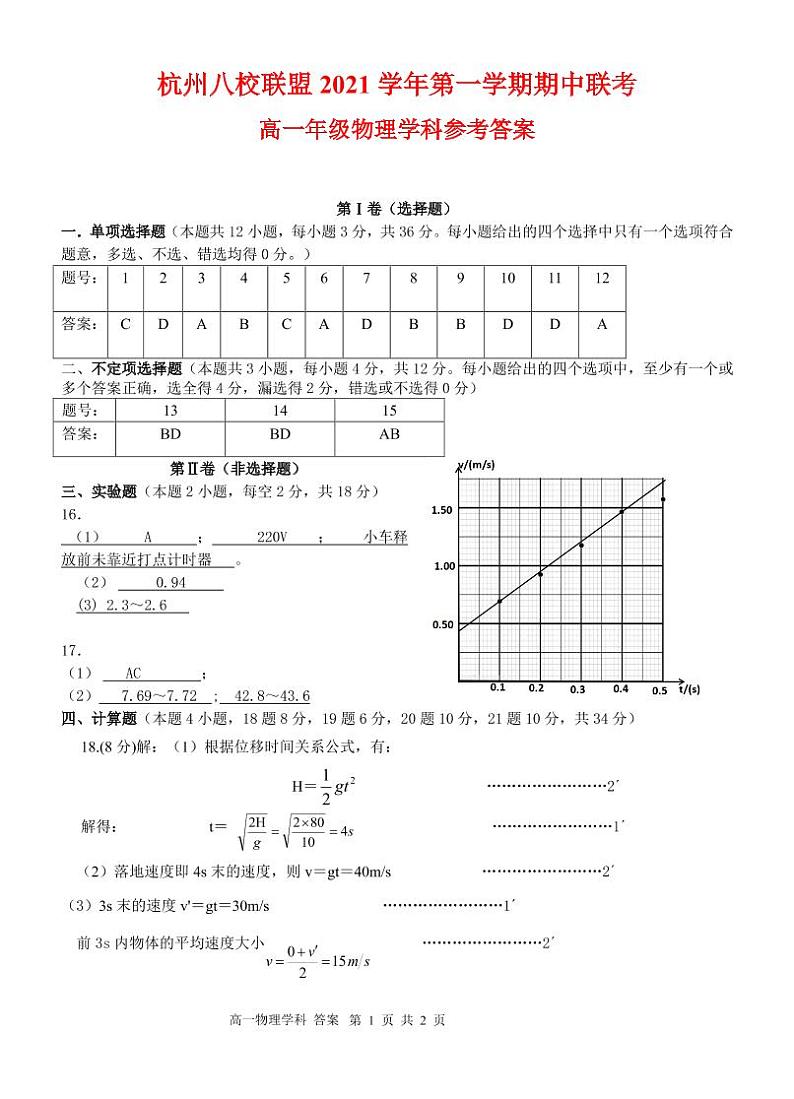 浙江省杭州八校联盟2021-2022学年高一上学期期中联考物理答案第1页