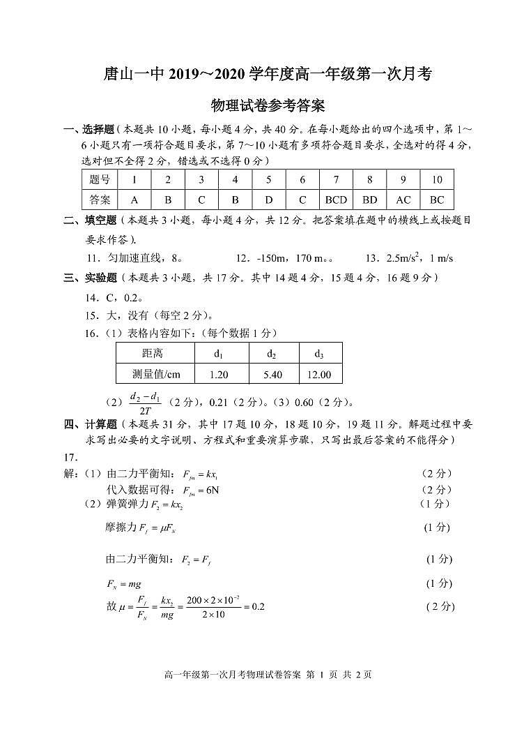 2019-2020学年河北省唐山市唐山一中高一上学期10月月考物理试题PDF版含答案01
