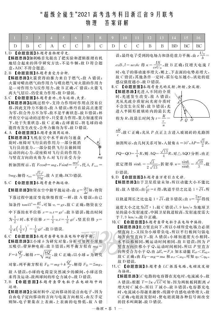 “超级全能生”2021届高三浙江省9月联考试题物理PDF版含解析01