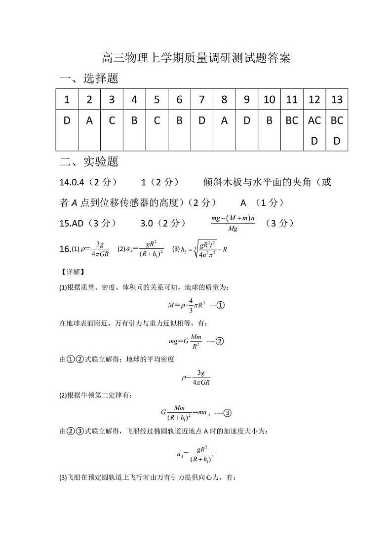 2021-2022学年度物理高三期中调研测试测试题答案第1页