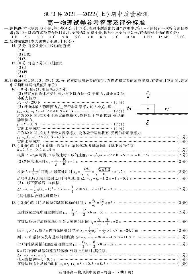 陕西省咸阳市泾阳县2021-2022学年高一上学期期中考试物理试题扫描版含答案01