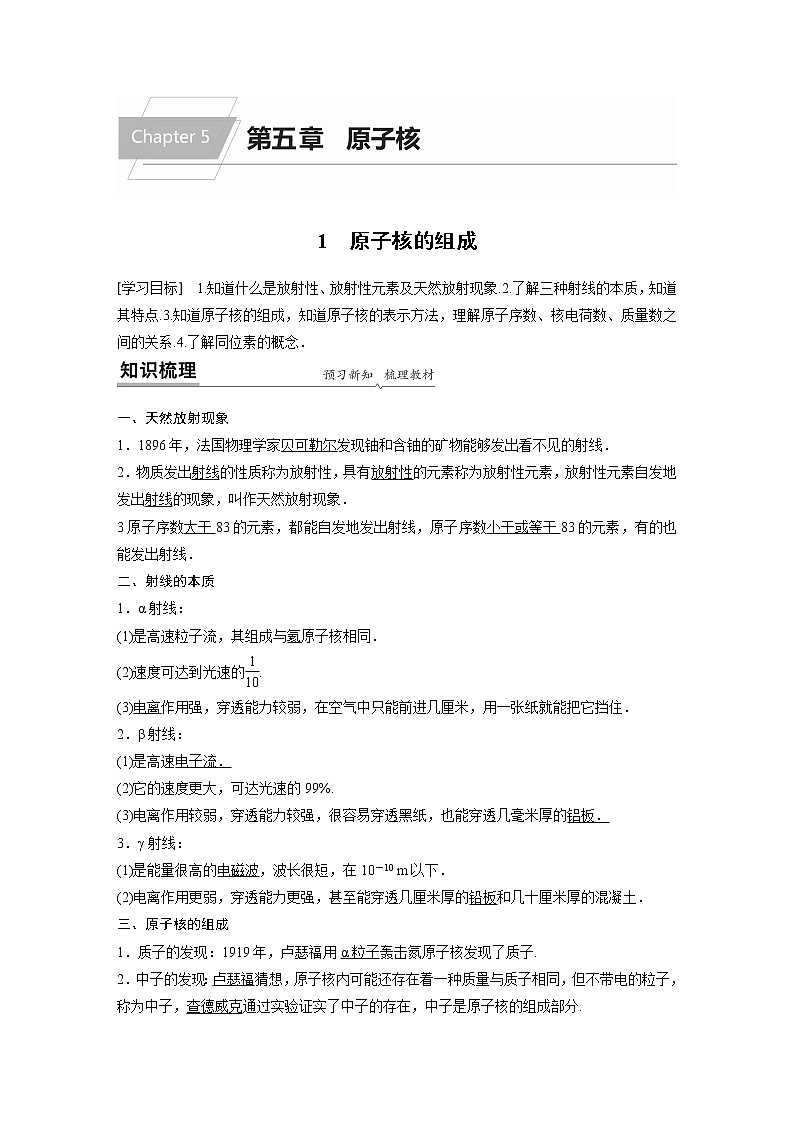 2022年高中物理（新教材）新人教版同步学案第五章 1 原子核的组成01