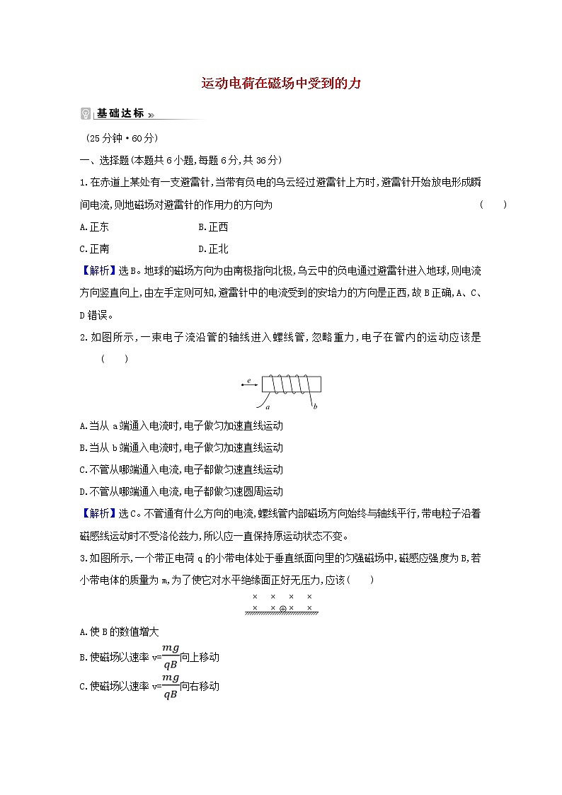 2021_2022版高中物理第三章磁场5运动电荷在磁场中受到的力课时作业含解析新人教版选修3_120210330165第1页
