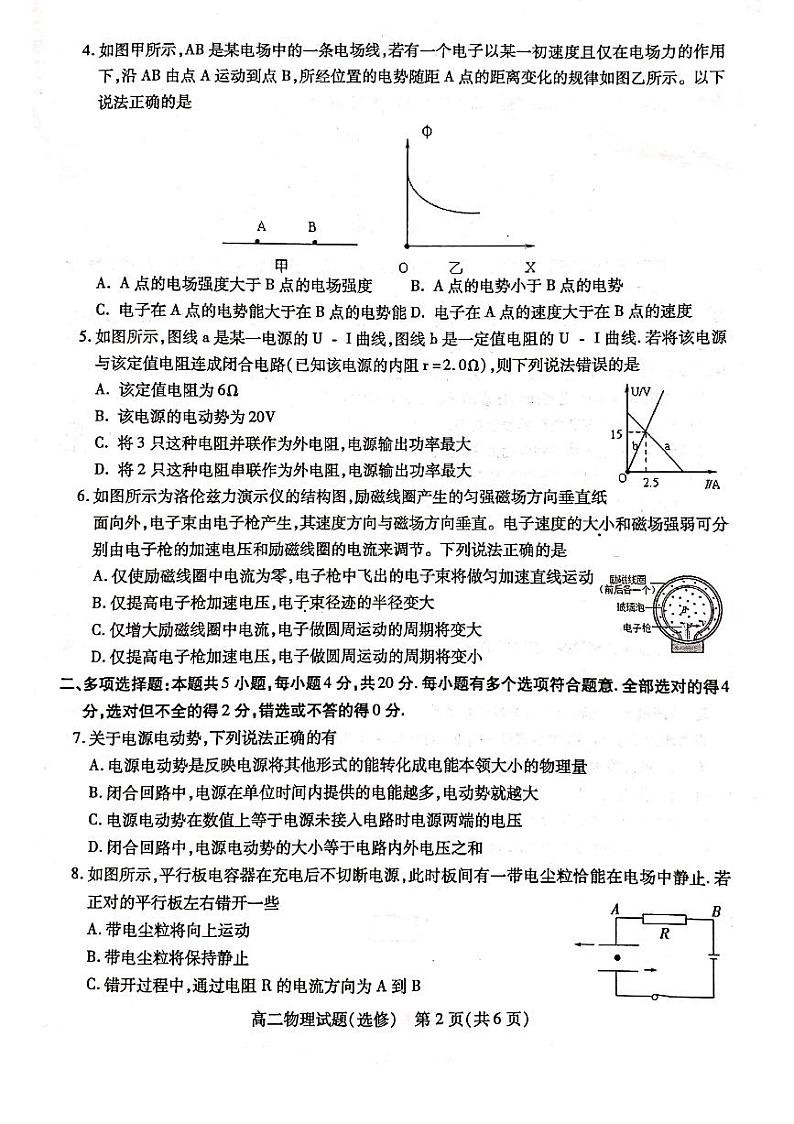 江苏省徐州市2019-2020学年高二上学期期中考试物理（选修）试题（pdf版，）第2页