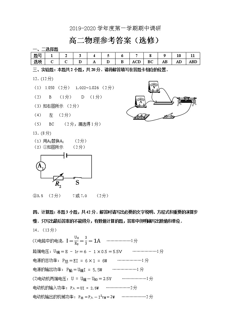 江苏省徐州市2019-2020学年高二上学期期中考试物理（选修）试题答案（选修）201911定第1页