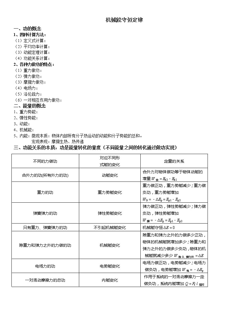 机械能守恒定律知识点总结学案第1页