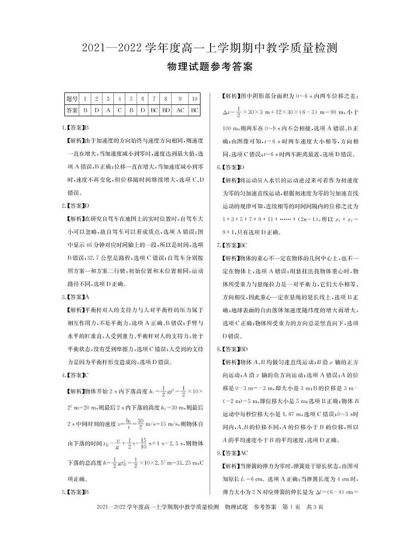 高一物理 答案第1页