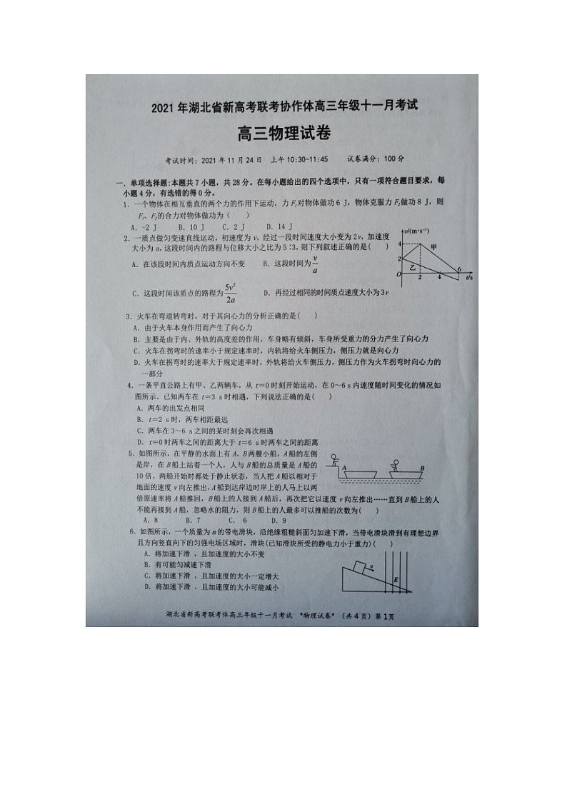 2021年湖北省新高考联考协作体高三11月联考---物理试卷第1页