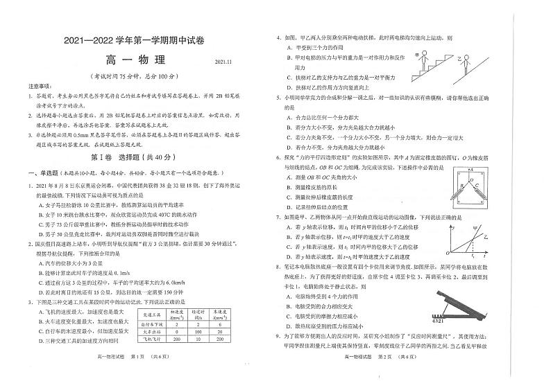 江苏省常熟市2021-2022学年高一上学期期中考试物理试题（扫描版含答案）01