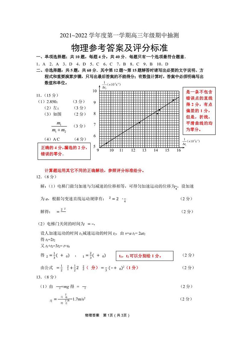 江苏省徐州市2021-2022学年高三上学期期中抽测物理答案第1页
