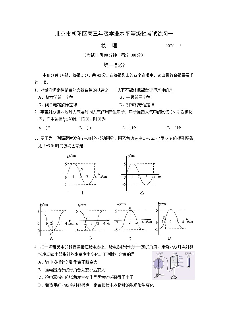 北京市朝阳区2020届高三下学期学业水平等级性考试练习（一模）物理试题（无答案）01