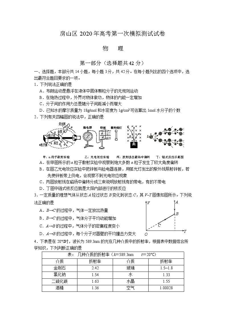 北京市房山区2020届高三衔接诊断测试（一模）物理试题第1页