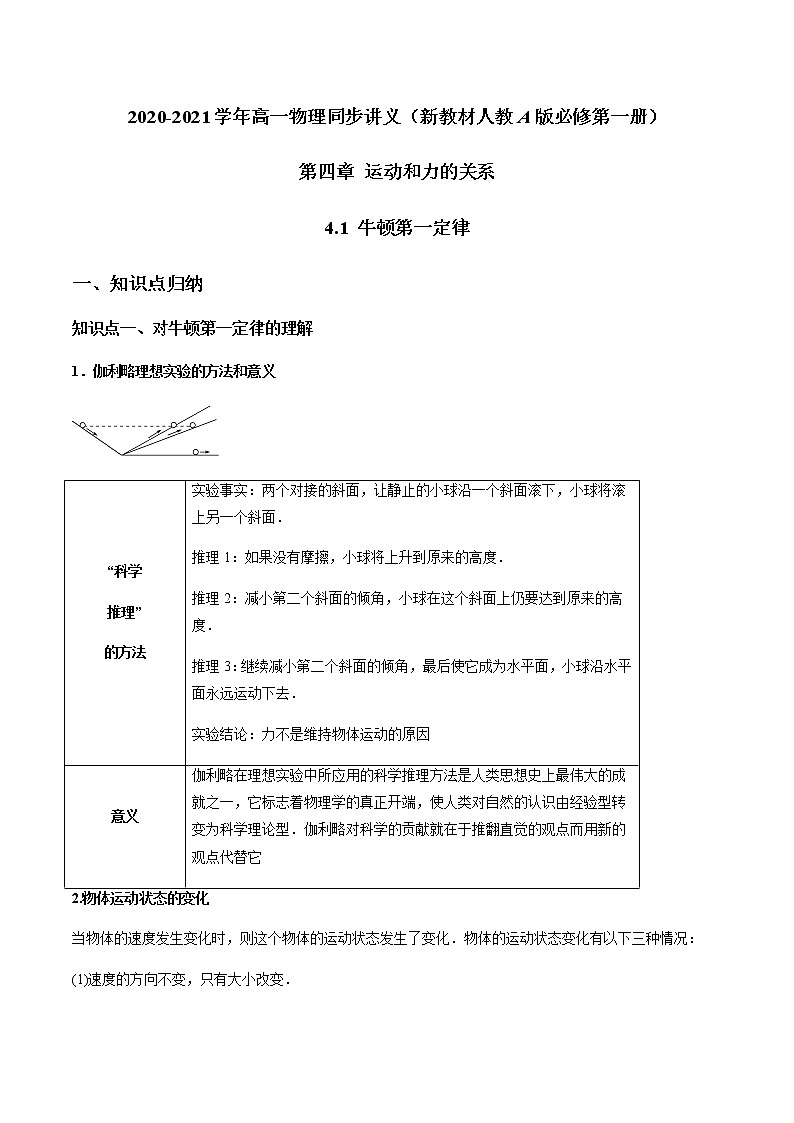 4.1 牛顿第一定律学案01