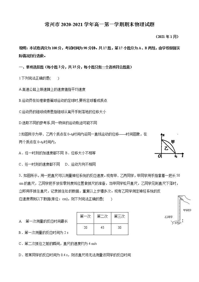 江苏省常州市2020-2021学年高一第一学期期末复习练习物理试题第1页