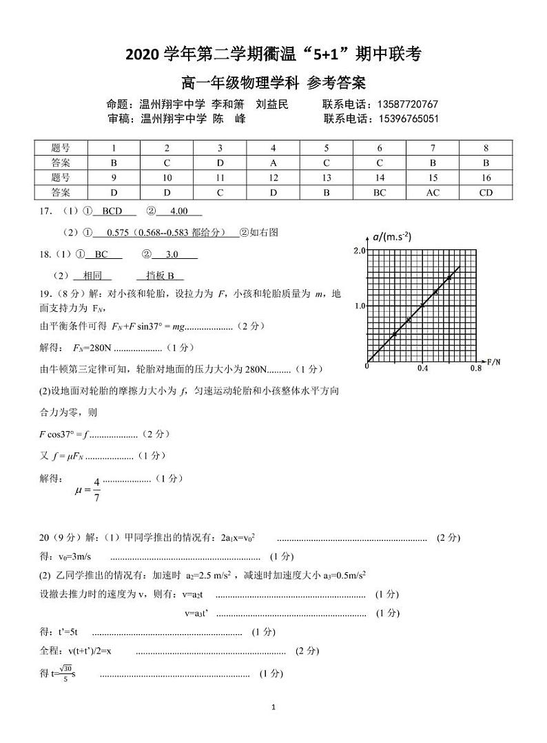 浙江省衢州市温州市“衢温5+1”联盟2020-2021学年高一下学期期中联考物理试题PDF版含答案01