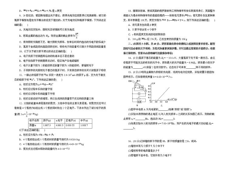 2022届高中物理一轮复习 第十二单元 原子物理 训练卷 A卷 学生版第2页