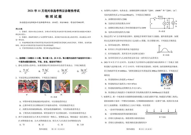 2021年11月浙江省绍兴市高三选考科目诊断性考试物理试题第1页