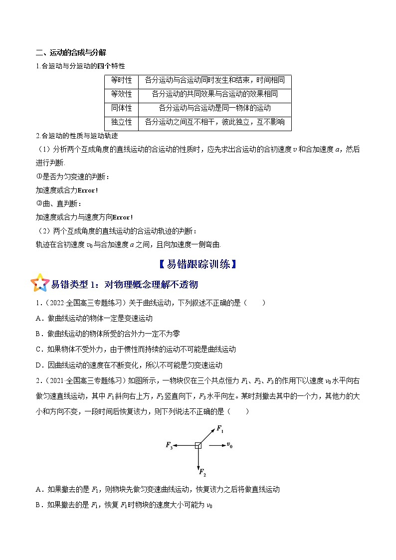 易错点07 曲线运动 运动的合成与分解-备战2022年高考物理典型易错题辨析与精练学案02