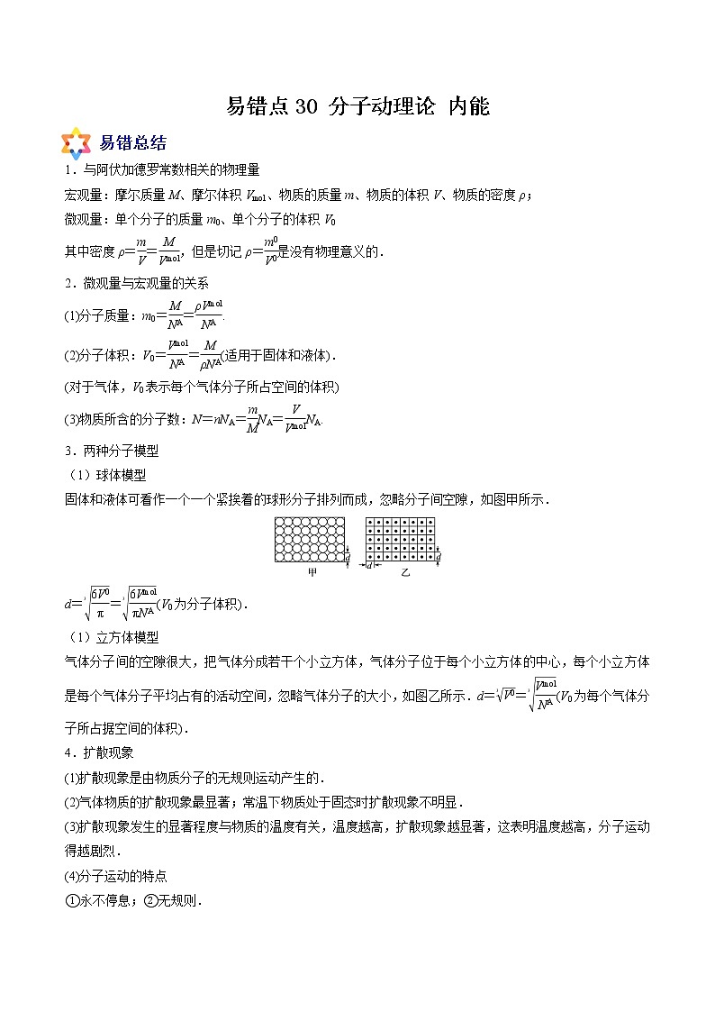 易错点30 分子动理论 内能-备战2022年高考物理典型易错题辨析与精练学案01