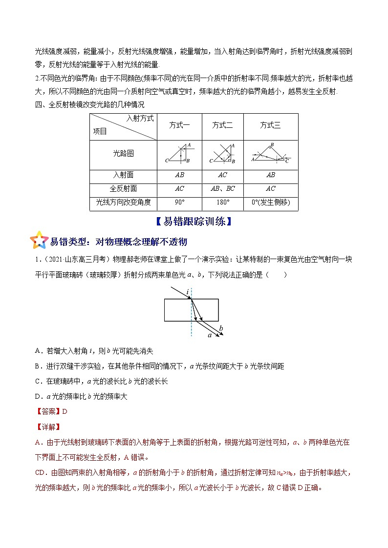 易错点34 光的折射 全反射-备战2022年高考物理典型易错题辨析与精练学案02