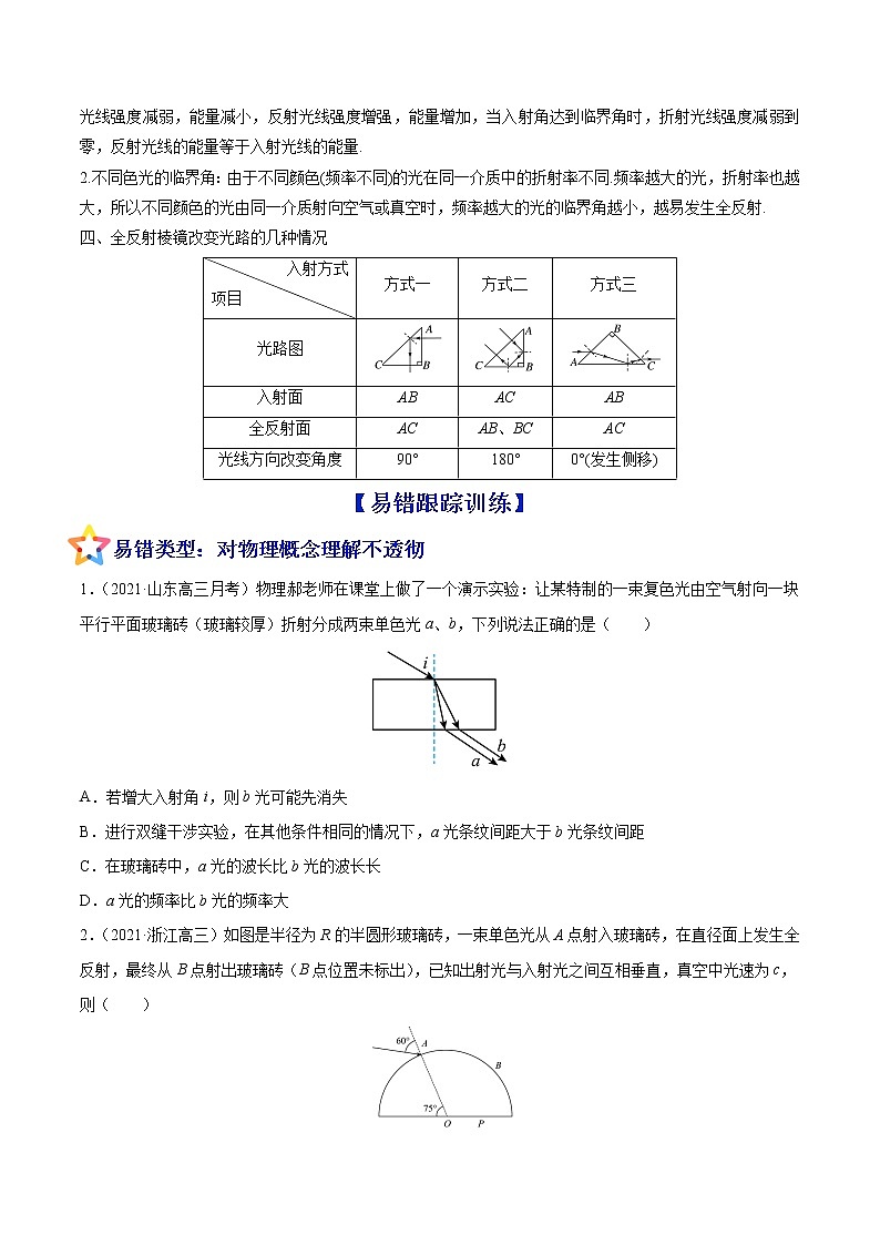 易错点34 光的折射 全反射-备战2022年高考物理典型易错题辨析与精练学案02