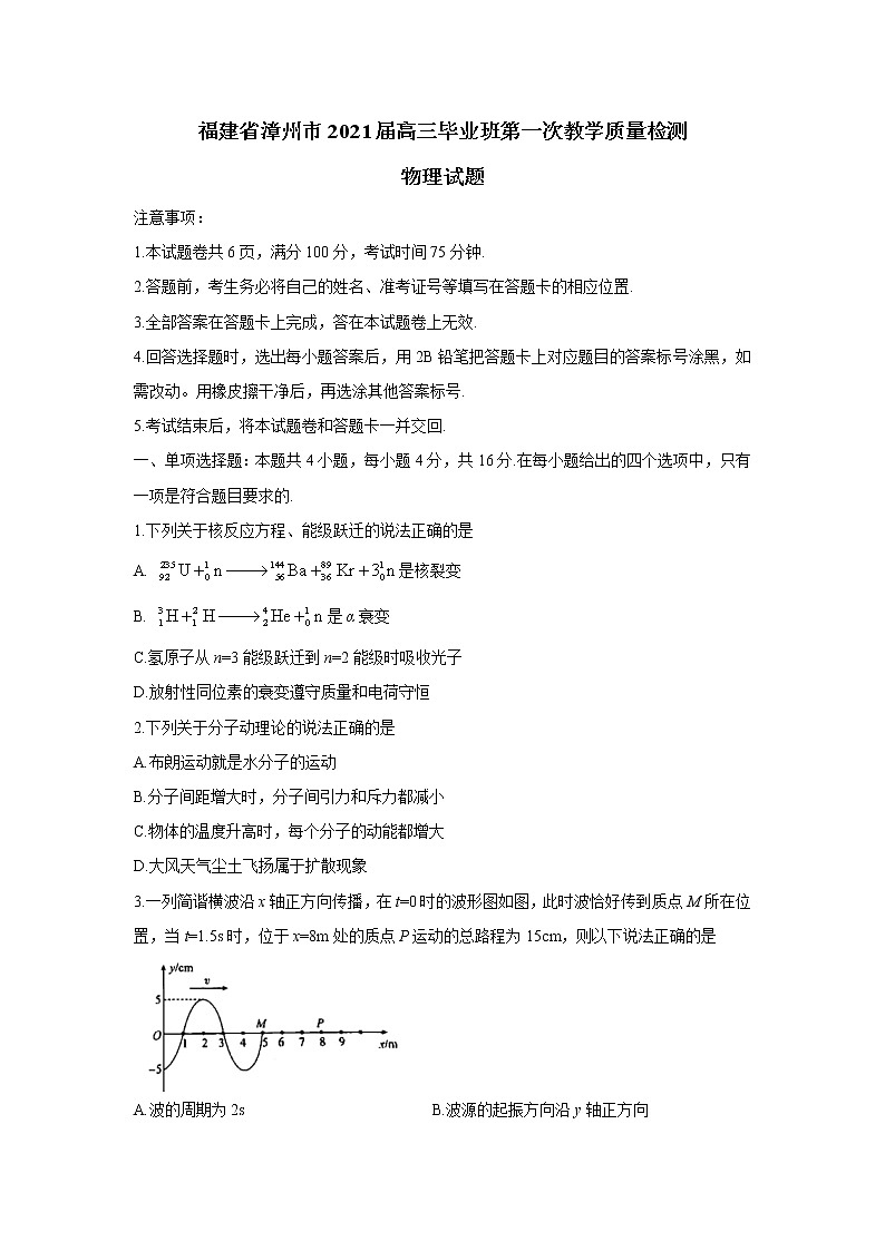 福建省漳州市2021届高三毕业班下学期第一次教学质量检测物理试卷01