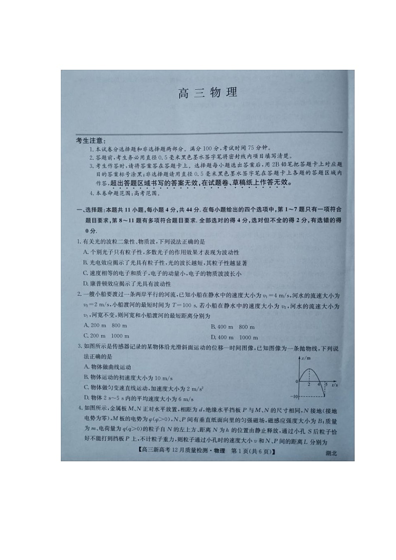 2021年湖北省新高考联考协作体高三12月联考物理试题第1页